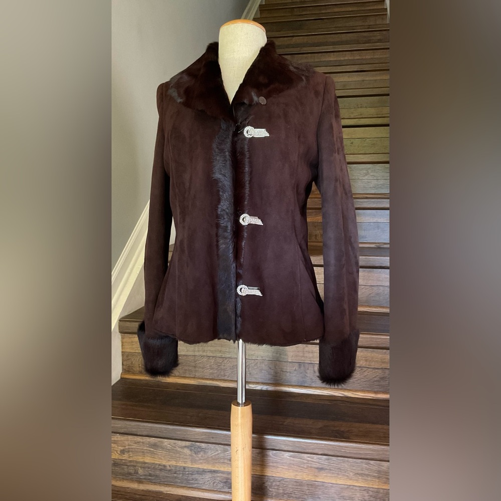 Soft Real Fur Warm Dark Chocolate Brown Embellished Shearling Jacket Med/10/12 - Picture 2 of 12
